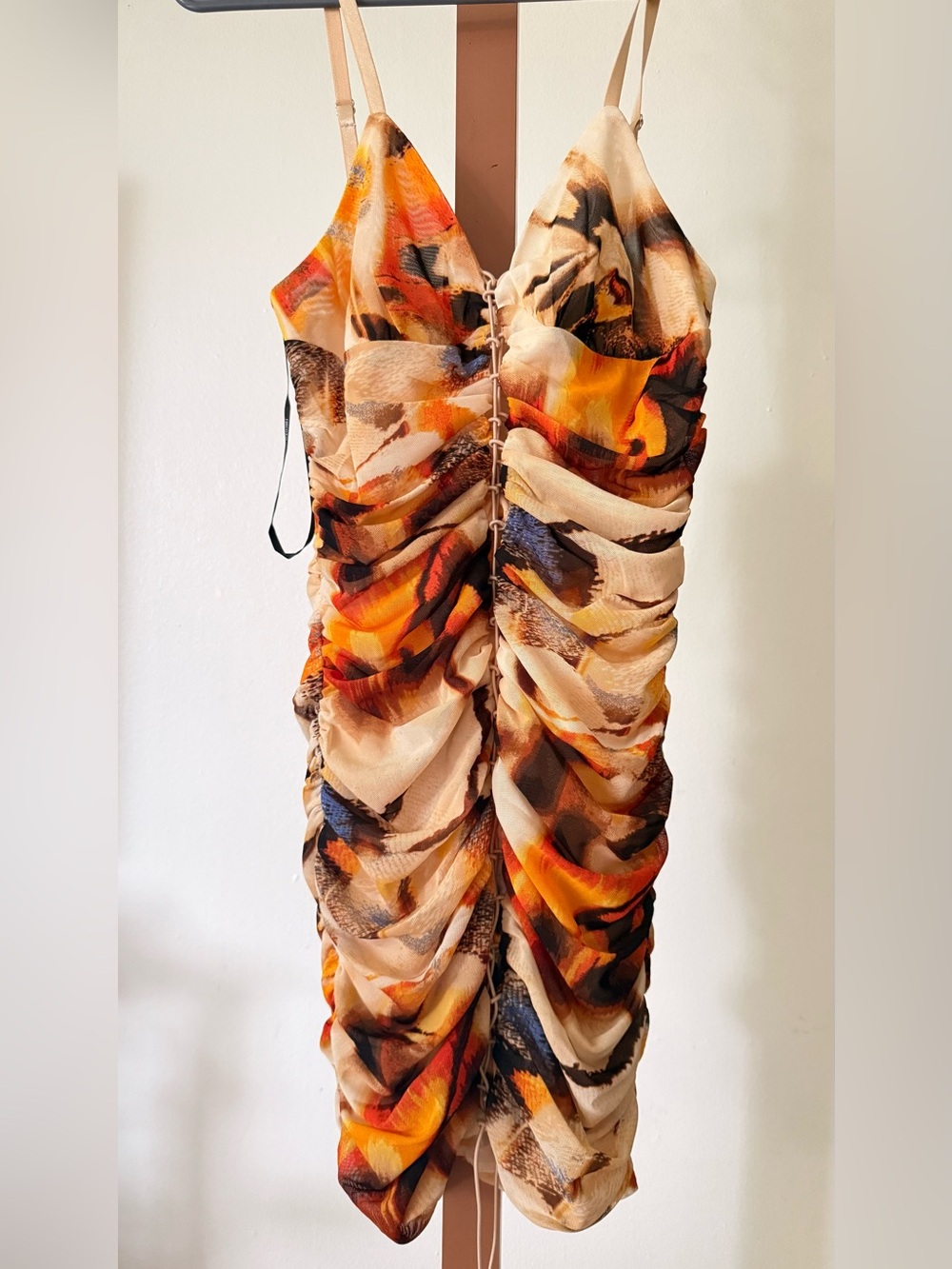 Forever 21 Abstract Ruched Mini Dress in Orange, Cream & Black